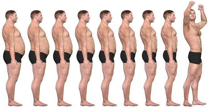 A man diets and exercises from fat to fitness in before and after series of 3D renders